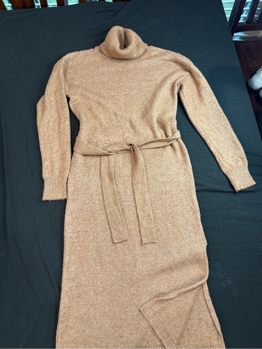 Rachel Zoe Camel Knit Turtleneck Belted Sweater Dress